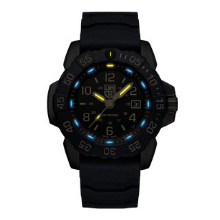 Navy SEAL Foundation Back To The Blue, 45 mm, Military Dive Watch - XS.3255.CB.NSF	, Night view with green and orange light tubes